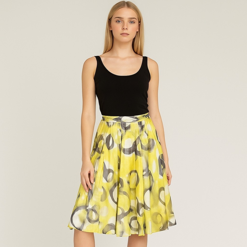 Teri Jon 100% Silk Pleated Skirt Yellow Gray Abstract Artsy Print Size 10